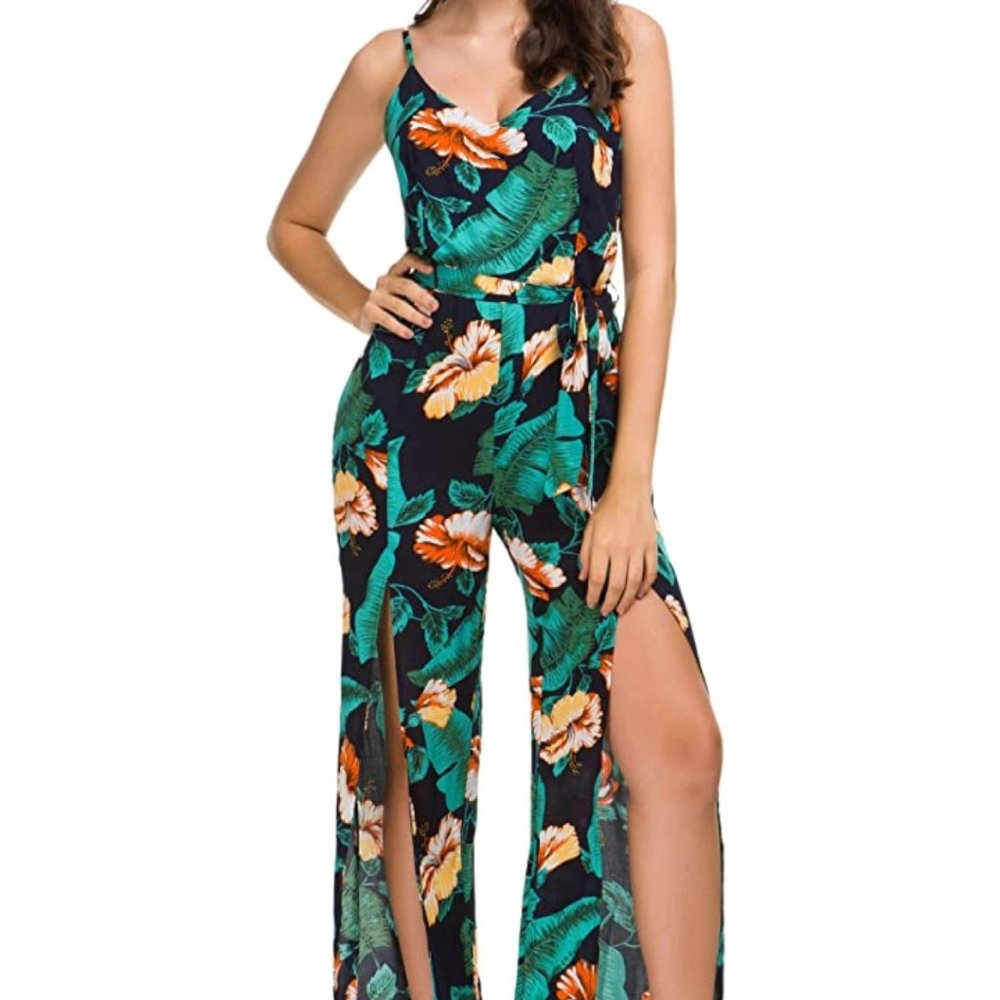 NWT Backless Slit Leg Tie Waist Tropical Jumpsuit - Picture 4 of 8
